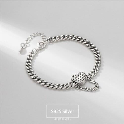 Real S925 Sterling Silver Bracelet Hollow Retro Heart Chain Lobster Clasp Women Bracelet Friendship Gift Jewelry Accessories