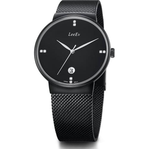 LeeEv Quartz Watch for Men Black Round Wristwatches Male Stainless Steel Band Watches