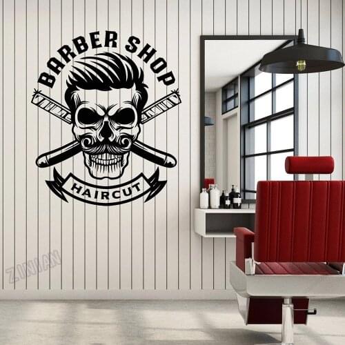 Skull Straight Razor Wall Stickers Haircut Shop Vinyl Wall Decal For Barber Shop Decoration Window Decor Accessories Art Y139