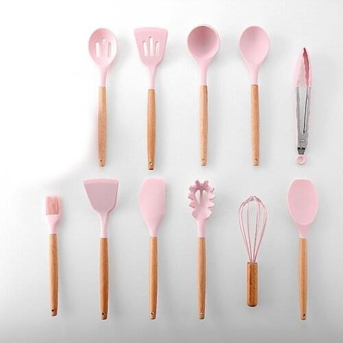 Wood Hand Silicone Cooking Utensil Kitchen Tools Turner Soup Spoon Strainer Pasta Server Egg Beater Spatula Food Tongs Green