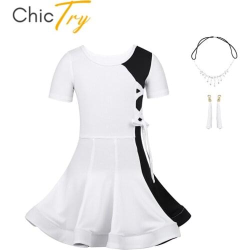 ChicTry Kids Teens Black White Color Block Slim Latin Dance Dress Children Girls Samba Rumba Tango Salsa Stage Dance Costume Set