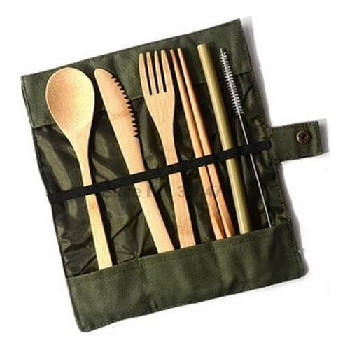 DHL 100set Dinnerware Wooden Cutlery Set Bamboo Cutlery Straw With Cloth Bag Kitchen Food Tableware Dinner