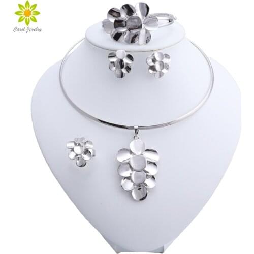 African Dubai Silver Plated Jewelry Women African Beads Set Nigerian Bridal Leaves Shape Pendant Necklace Set Wedding Accessorie