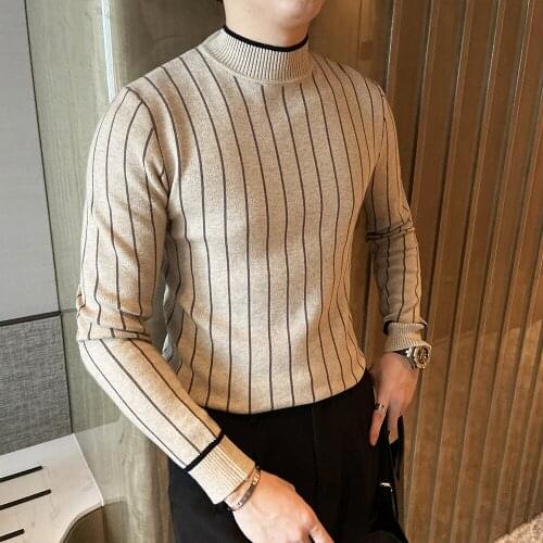 Korean Autumn Winter Turtleneck Men Knitted Striped Sweater Casual Thick Warm Slim Fit Pullovers Pull Homme Black/Khaki
