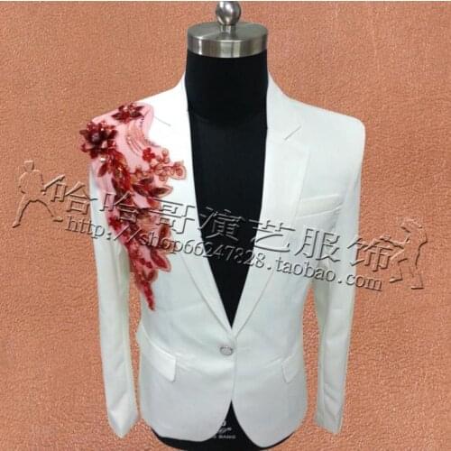 White Embroidery Jackets Men Suits Designs Stage Costumes For Singers Men Sequins Blazer Dance Clothes Star Style Dress Punk