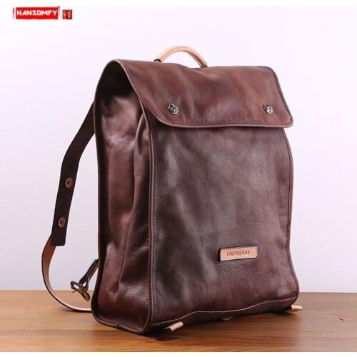 Men Backpack Casual Male Leather Travel Backpacks Computer Bag Water Dyed Vegetable Tanned Cowhide European and American Fashion