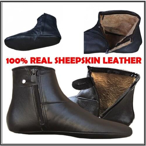 Black Zipped inside fur SOFT SHEEPSKIN LEATHER Khuff Winter warm Muslim men socks women worship Islamic mens womens sock mes