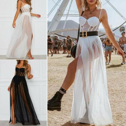 2020 New Women Summer Mesh See-through Long Maxi Dress Ladies Fashion Sexy Evening Party Beach Sundress