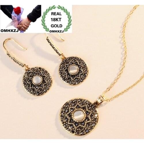 OMHXZJ Wholesale European Fashion Woman Girl Party Birthday Wedding Gift Round AAA Zircon 18KT Gold Necklace+Drop Earrings SE57
