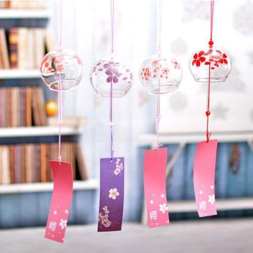 Romantic Crafts Japanese Cherry Blossom Glass Wind Chimes Bells Home Garden Office Ornament Indoor Window Hanging Decor 1pcs