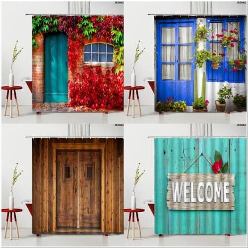 Old-Fashioned Flower Wooden Door Shower Curtain Vintage wWod Grain Gate Plant Rose Printed Home Bathroom Supplies Bathtub Screen