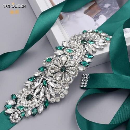 TOPQUEEN S22 Green Crystal Bridal Belt 100%Handmade Important Occasion Bridesmaid Sister Girl Prom Photography