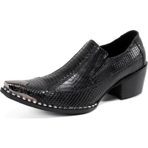 Pointed Toe High Heel Loafer Men Shoes Luxury Crocodile Pattern Genuine Leather Casual Shoes Trendy Fashion Party Increase Shoes
