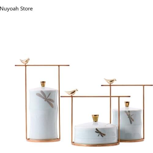 Chinese-style Ceramic Storage Tank Decoration Metal Shelf Storage Tank Living Room Desktop Decoration Storage Box Decoration
