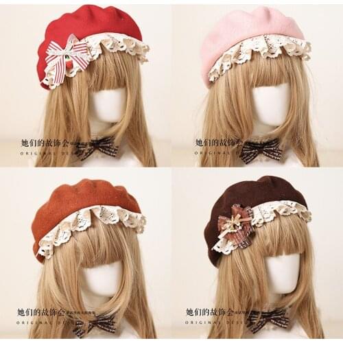 Lolita Bow Autumn Winter Vintage Warm Pancake Cap Xmas Gift Handwork Mori Girl Japanese Lace Trim Beret Wool Painter Hat Lovely