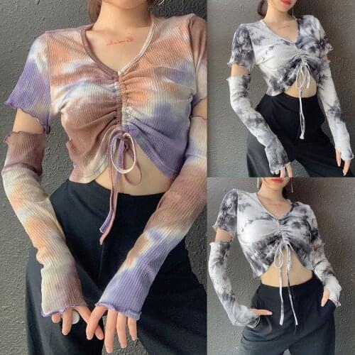 Womens Sexy Tie-Dyed Crop T-Shirt Hollowed Long Sleeve V-Neck Front Inner Drawstring Slimming Tops Gray Colorful Fashion S M L