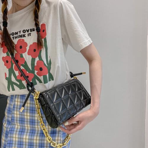 Women Retro Checkered Pattern PU Leather Handbags Crossbody Messenger Bag Casual Ladies Solid Color Thick Chain Small Flap Tote