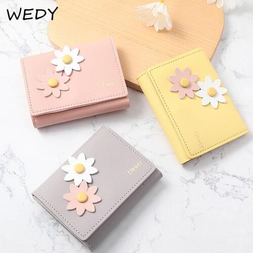Women Short Wallet Credit Card Holder PU Leather Cute Flower Small Purse Female Mini Wallets Pink Yellow Black Little Coin Purse