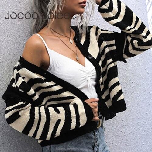 Jocoo Jolee Women Vintage Zebra Printed Cardigans Autumn Long Sleeve Striped Knitting Crop Jackets Vintage Harajuku Sweater Coat