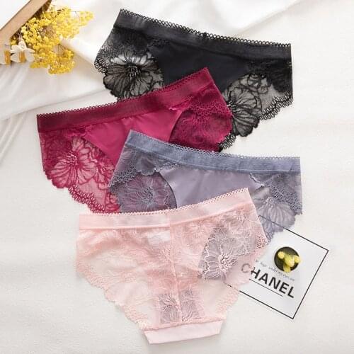 Wasteheart Women Purple Red Cotton Lace Bottom Low Waist Panties Hollow Underwear Lingerie Briefs Perspective Underpants M L XL