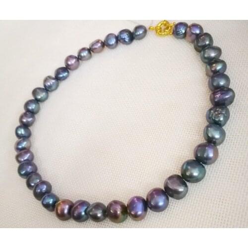 Women Jewelry natural pearl 12x13mm black brown green purple baroque freshwater pearl gold color clasp necklace gift 17'' 42cm