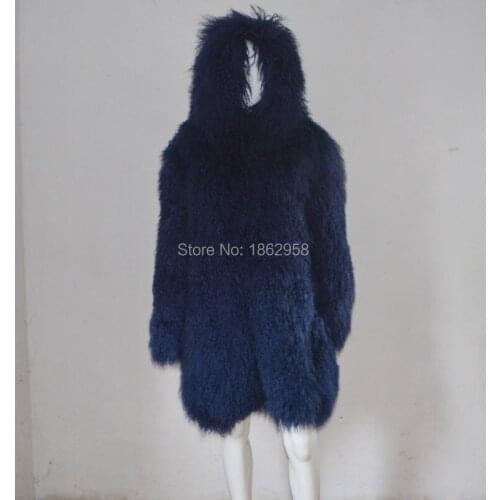 SJ034-02 Custom Sizes Navy Blue Knee Length Overcoat 2019 90CM Tibet Fur Sheep Coats with Hood