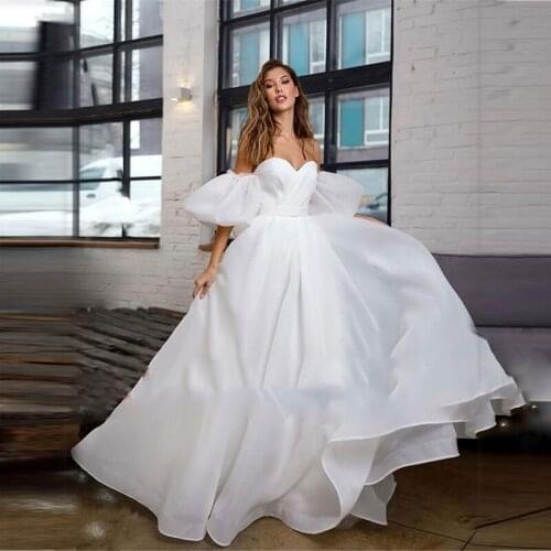 On Sale 2021 Simple Wedding Dresses Organza Wedding Gowns with Detachable Sleeves Sweetheart White Bridal Dresses Lace Up Back