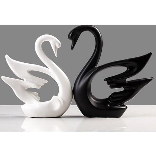 2Pcs/Set Ceramic Couple Swans Figurines Nordic Black White Ornaments Wedding Gifts Creative Living Room Decor