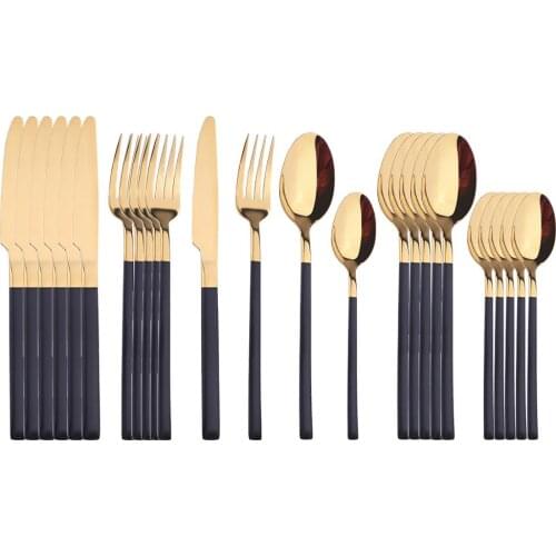 24pcs Tableware Set Black Gold Fork Spoon Knife Gold Cutlery Set Stainless Steel Upscale Specular Light Luxury Silverware Set