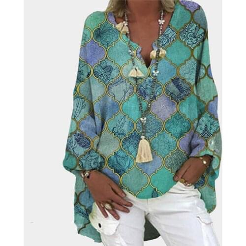 Summer Graphic T Shirts Women Clothing Plus Size Women Casual Long Sleeve Fashion Print Loose V-neck Shirt Top Tee Shirts Femme