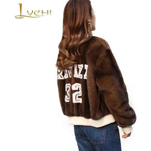 LVCHI Winter 2019 Import Mink Fur Coat Womens Letter Print Mandarin Collar Coats Long Sleeve Zippers Loss Slim Mink Fur Coats