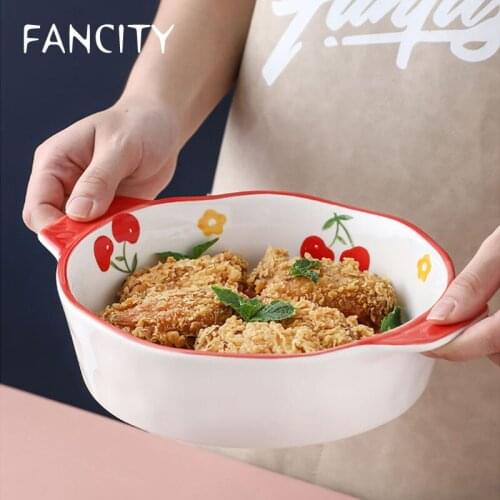 FANCITY Ceramic soup plates, deep plates, baked rice pans, household double-ear plates, oven bowls, dishes