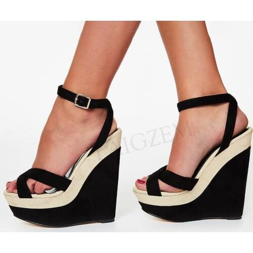 LAIGZEM Women Platform Wedge Pumps Faux Suede Patchwork Height Increase Sandals Ladies Shoes Woman Zapatos Big Size 45 48 50 52