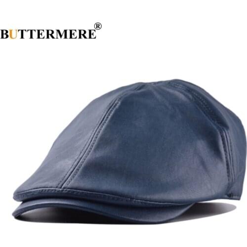 BUTTERMERE Mens Faux Leather Berets Hats Navy Blue British Vintage Flat Cap Female Casual Spring Autumn Classic Gatsby Caps