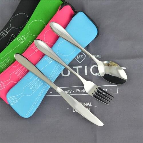 3-Piece Set of Spoon Fork Steak Knife Cutlery Stainless Steel Travel Cutlery Portable Cutlery with Bag Kitchen Accessories