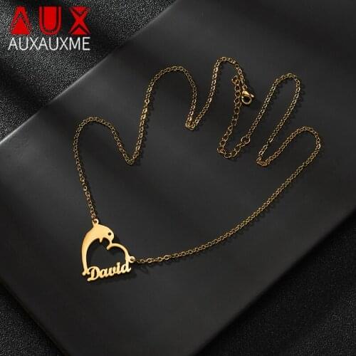 Auxauxme Personlized Dolphin Heart Name Necklace Stainless Steel for Women Girls Custom Jewelry Wedding Birthday Party Gifts