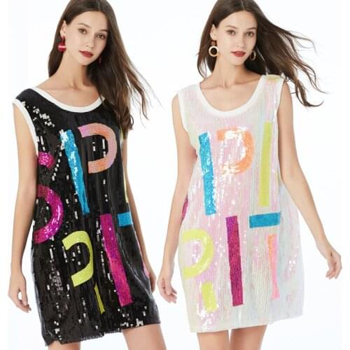 Candy Color Casual Straight Embroidery Letter Sleeveless Sequined Mini Tank O-neck Sexy Club Party Summer Cocktail Dresses
