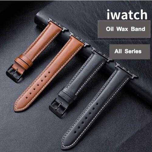 Design For Apple Watch Band Strap 38mm 40mm 42mm 44mm, Genuine Leather Oil Wax Replacement Strap SE Series 6 5 4 (44mm)