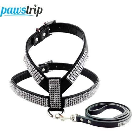 Pawstrip 4 Colors PU Leather Dog Harness Leash Lead Bling Rhinestone Dog Leash Harness Vest For Small Puppies XS-L