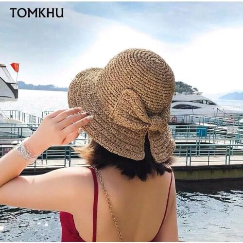 Hot Sale Summer Hoilday Floppy Straw Hat Women Lady Wide Brim Beach Foldable Bow Flower Straw Sun Hats Handmade One Size Wide