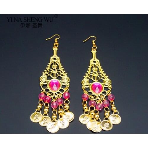 Belly Dance Accessories Earrings Belly Dance Indian Bollywood Jewelry Accessories 1 Pair Golden Earrings With Rhinestones Bells