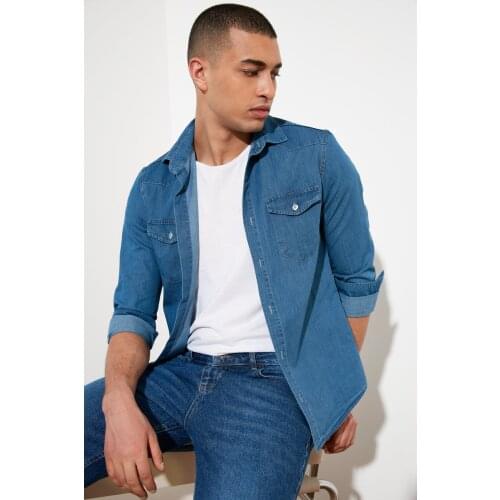 Trendyol Mens Slim Fit Thin Fabric Western Denim Shirt TMNSS21GO0715
