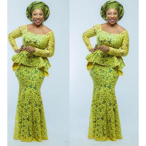 Aso Ebi Style Yellow Mermaid Evening Dress Long Sleeve Lace Nigerian Evening Party Gowns Plus Size Fashion African Prom Dresses