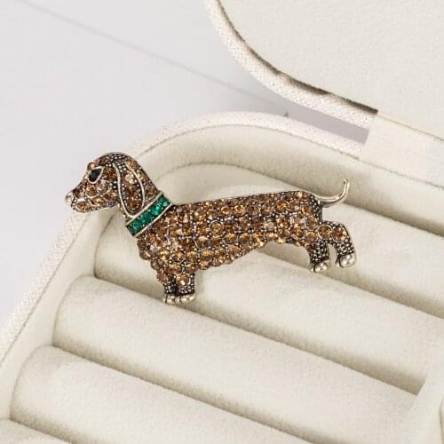 Vintage Silver Yellow Crystal Dachshund Brooch Cute Rhinestone Dog Brooches for Women Children Corsage Pins Jewelry Gifts