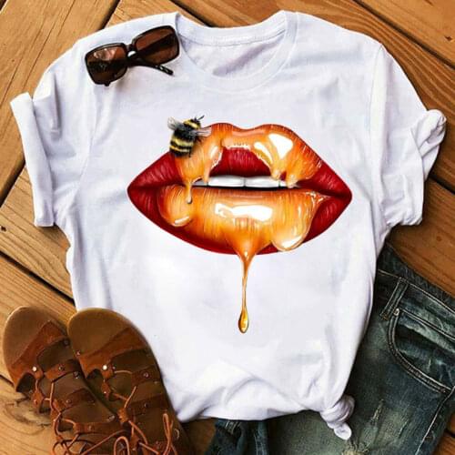 Fashion Women T Shirt Bee Honey and Lips Print T Shirt Harajuku Tee Female Graphic Tops T-shirt Cute Tees Shirt Summer T-shirt