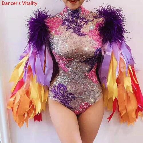 Women Singer Model Dance Group DJ Disco Stretch Colorful Tassel Purple Feather Diamond Leotard Pole Jazz Dancing Stage Wear