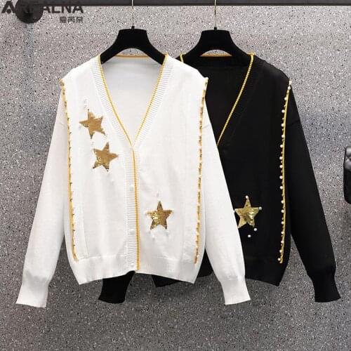 Women Knitted Cardigans Sweater Fashion Autumn Long Sleeve Loose Coat Heavy industry beaded star sequins V Neck Female Tops 4XL