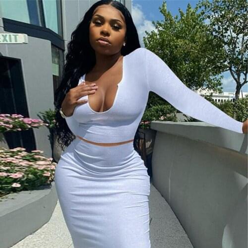 2-Piece Female Solid Color Suit Adult Low-Cut Long-Sleeved Top + Skirt 2021 Early Autumn New Casual High Street Sexy Simple