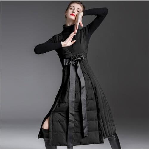 Women sleeveless pullover Long duck down dress black Winter down long skirt Female Parkas Ladies Loose Filled Feather outwears