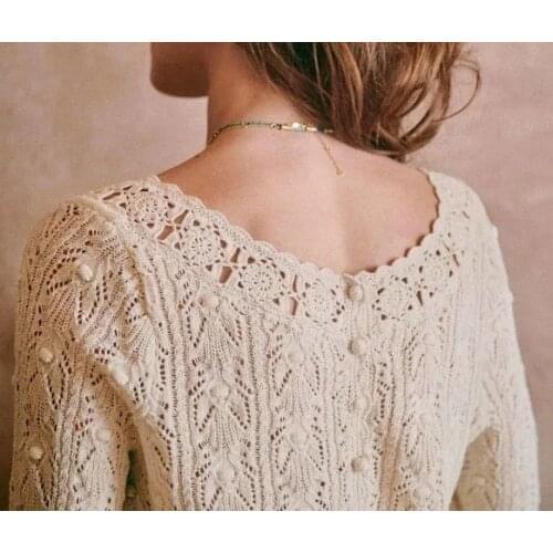 2021 Spring Womens Crocheted Knit Sweater Lady Long Sleeve Hollow Out Cardigan Knitwear Outwear Double Wear Tops for Holiday